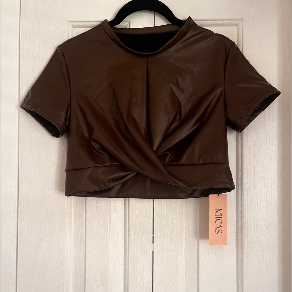 Micas Brown Fake Leather Twist Front Top